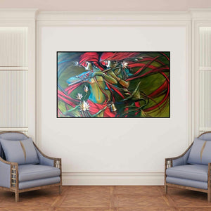 'Radha Krishna 6' painting by Manoj Das shown on a wall in a furnished room.