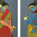 Religious acrylic painting titled 'Radhakrishna (Diptych)', 24x36 inches, by artist Priyanka Chivte on Canvas