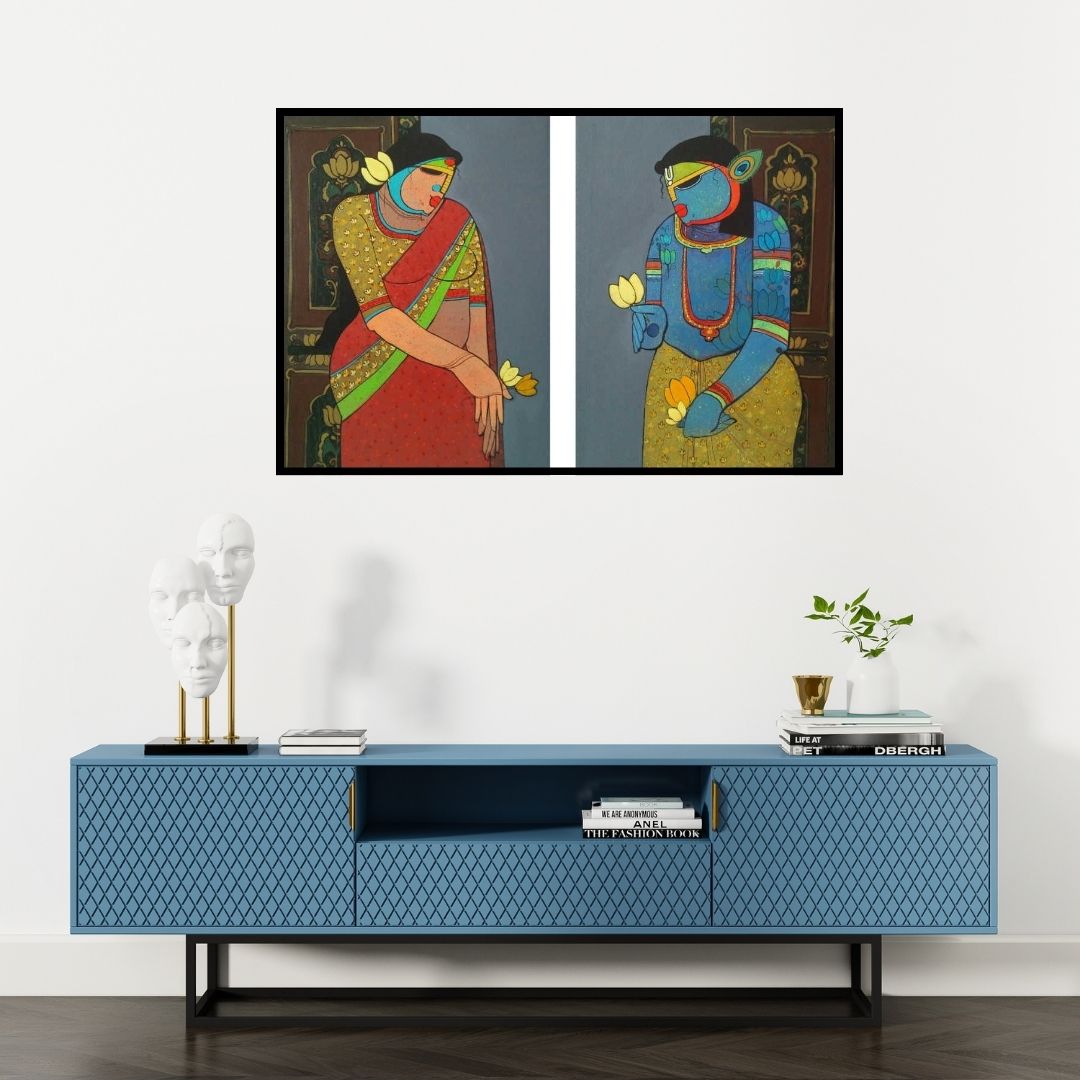 Preview of 'Radhakrishna (Diptych) (Divine Lovers)' Painting by Priyanka Chivte shown on a wall in a furnished room.