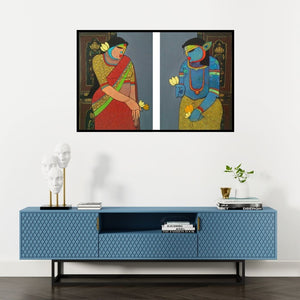 Preview of 'Radhakrishna (Diptych) (Divine Lovers)' Painting by Priyanka Chivte shown on a wall in a furnished room.