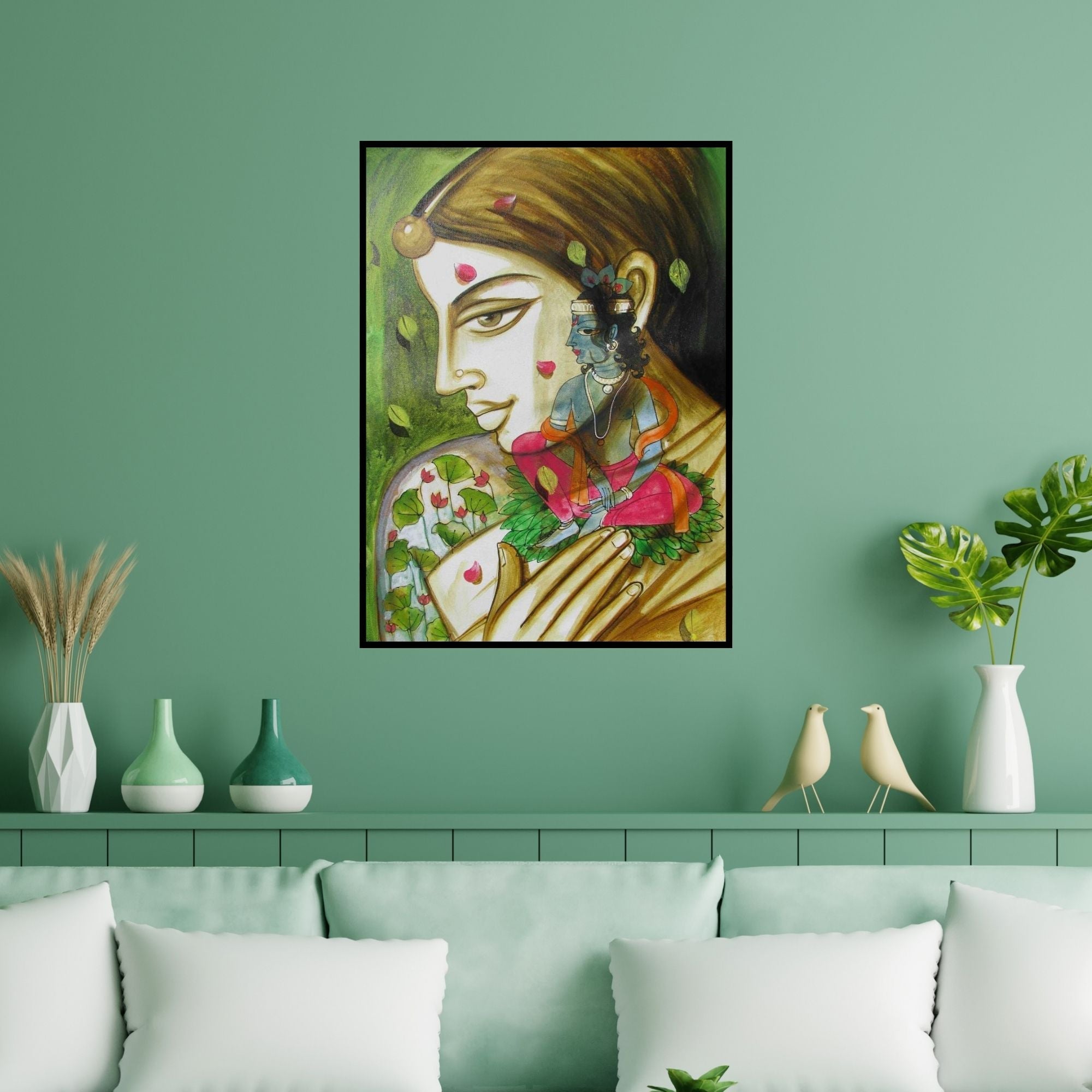 Preview of 'Radha'S Beloved Krishna' Painting by Pradeep Swain shown on a wall in a furnished room.