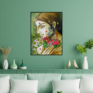 Preview of 'Radha'S Beloved Krishna' Painting by Pradeep Swain shown on a wall in a furnished room.
