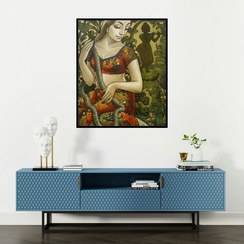 Sukanta Das's 'Radhika 11' painting visualized above a sofa in a contemporary room.