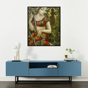 Sukanta Das's 'Radhika 11' painting visualized above a sofa in a contemporary room.