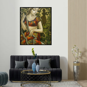 'Radhika 11' painting by Sukanta Das shown on a wall in a furnished room.