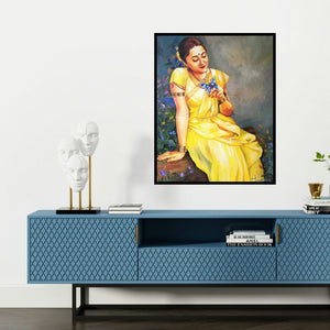 'Radhika' painting by Tamali Das shown on a wall in a furnished room.