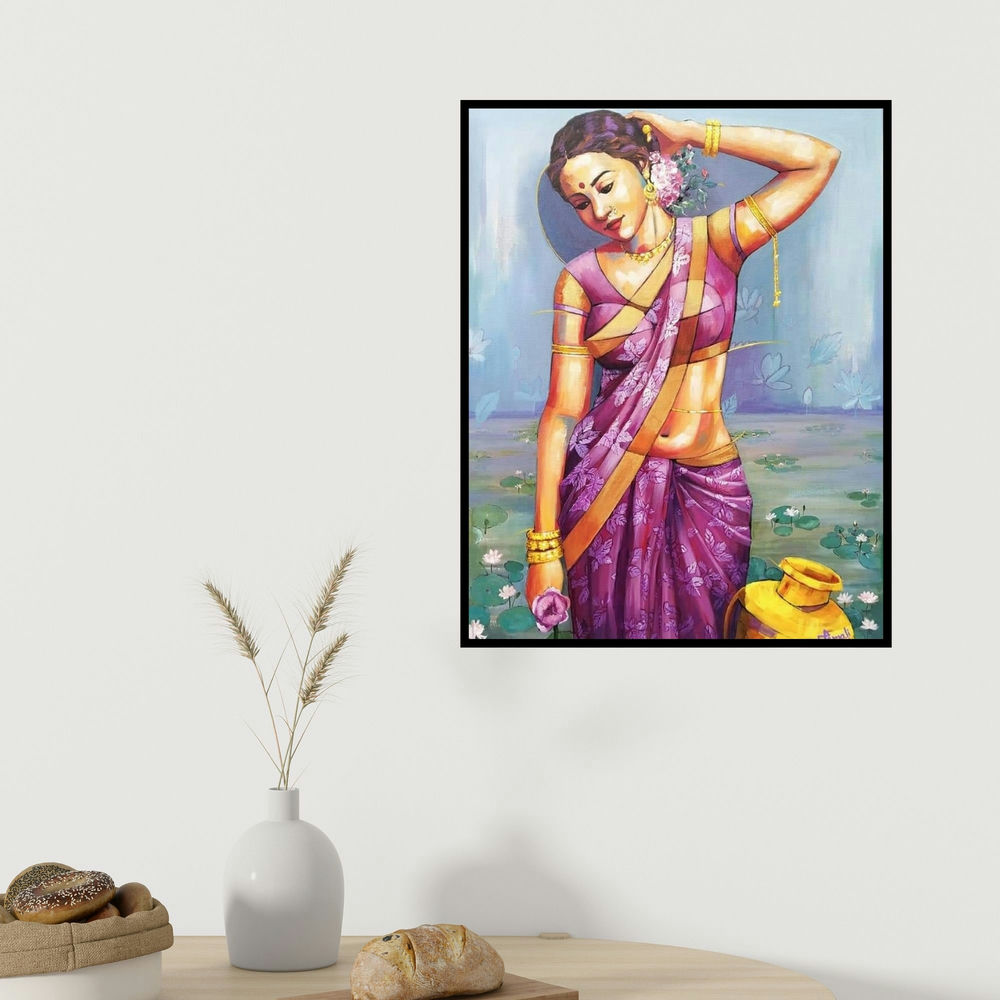 Tamali Das's 'Radhika (The Lotus Maiden)' painting visualized above a sofa in a contemporary room.