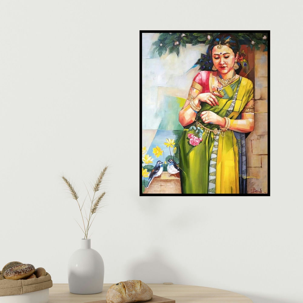 Tamali Das's 'Radhika' painting visualized above a sofa in a contemporary room.