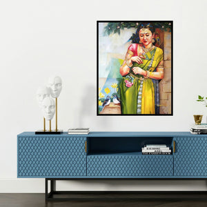 'Radhika' painting by Tamali Das shown on a wall in a furnished room.