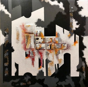 Radiant Fenestration (A City's Pulse) by Ankita Dey Bhoumik, Original Mixed Media Abstract Painting on Canvas, Large Square Wall Art