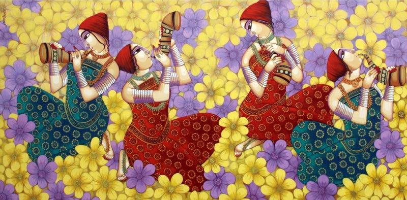 'Rag Basant' figurative acrylic painting by artist Sekhar Roy, 48x96 inch, on canvas