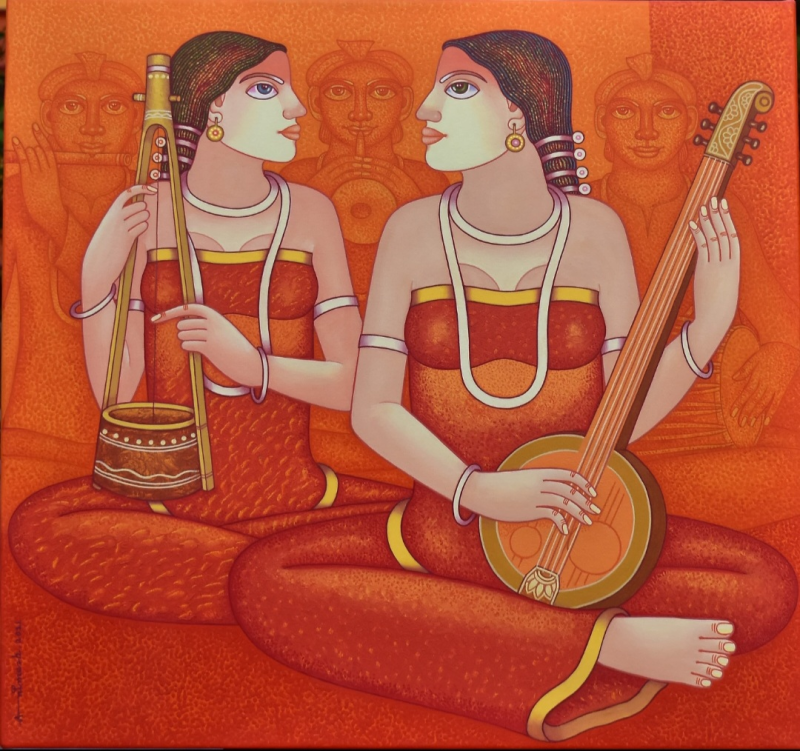 Raga Of Romance 1' figurative acrylic painting by artist Animesh Biswas, 34x32 inch, on canvas