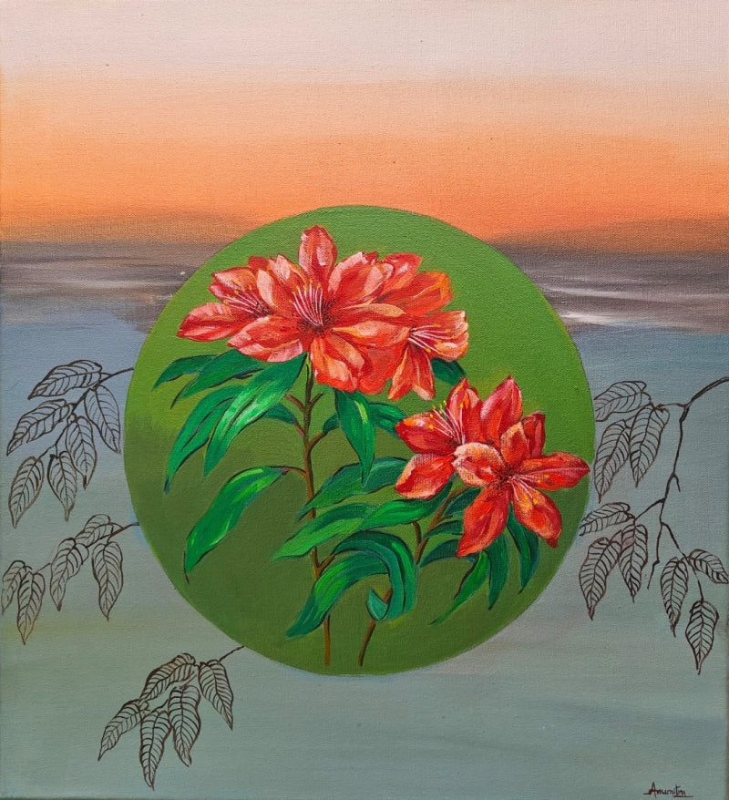 Rahdodendron' nature acrylic painting by artist Anumitra Basu Mandal, 20x18 inch, on canvas