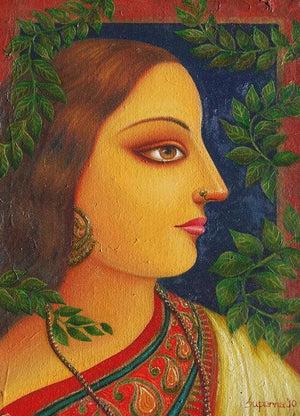 Rai Kamol by Suparna Dey, Original Oil Figurative Painting on Canvas, Small Vertical Wall Art
