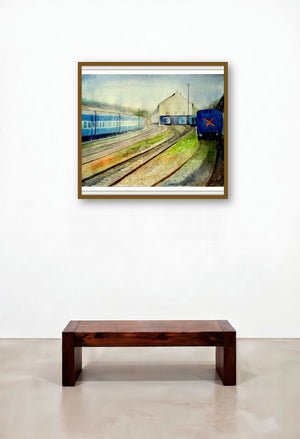 Railway Station (Iron Horse Haven) by artist Biki Das displayed in a Classic Hotel Lobby