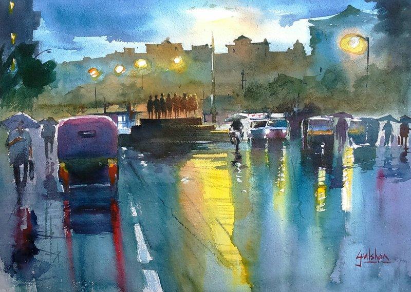 Cityscape watercolor painting titled 'Rainspirations 2', 18x13 inches, by artist Gulshan Achari on Paper
