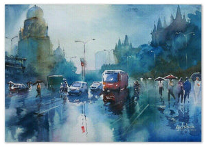 Rainspirations by Gulshan Achari, Original Watercolor Cityscape Painting on Paper, Small Horizontal Wall Art