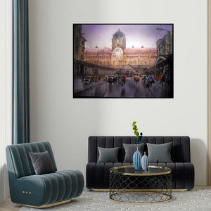 'Rainy City V' painting by Bhuwan Silhare shown on a wall in a furnished room.