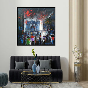Arjun Das's 'Rainy Day 8' painting visualized above a sofa in a contemporary room.