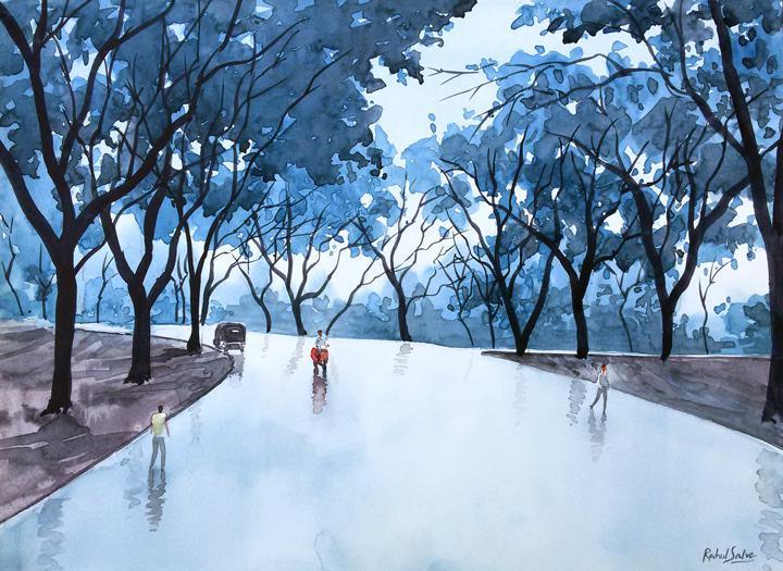 Landscape watercolor painting titled 'Rainy Day II', 15x11 inches, by artist Rahul Salve on Paper