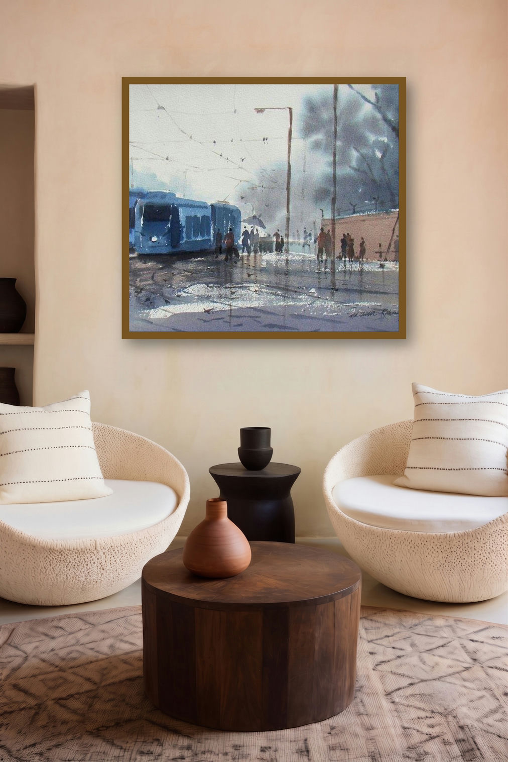 Rainy Day In Kolkata (Blue Rhapsody) by artist Jiaur Rahman displayed in a Museum Style gallery
