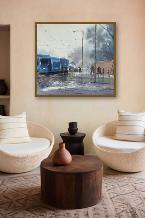 Rainy Day In Kolkata (Blue Rhapsody) by artist Jiaur Rahman displayed in a Museum Style gallery