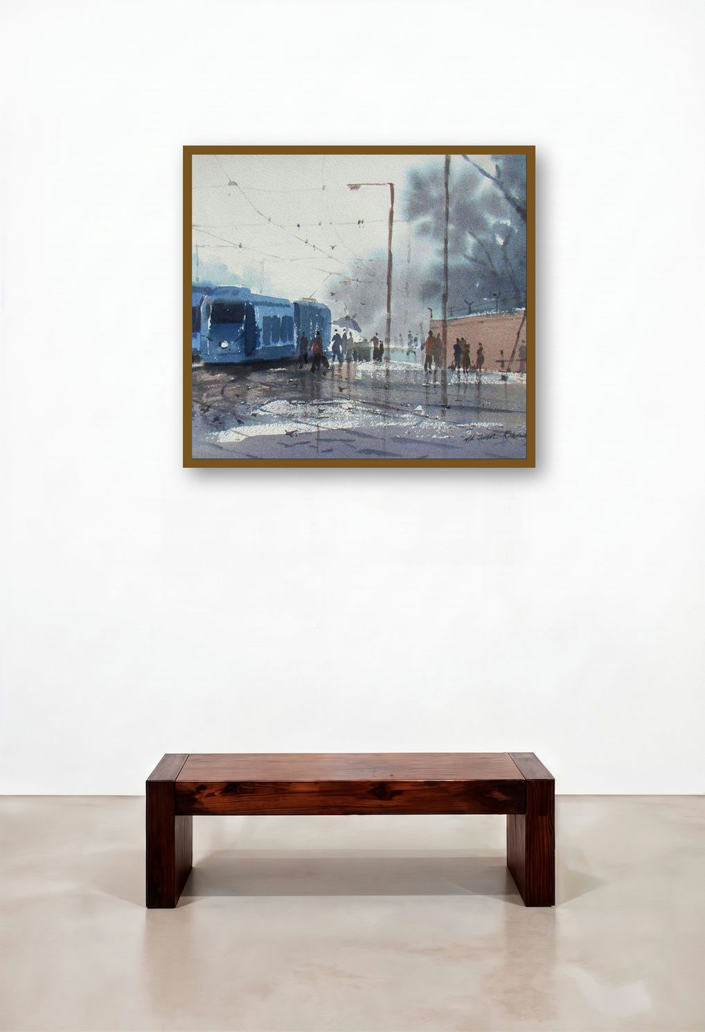 Rainy Day In Kolkata (Blue Rhapsody) by artist Jiaur Rahman displayed in a Japandi Reception Area