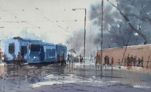 Rainy Day In Kolkata (Blue Rhapsody) by Jiaur Rahman, Original Watercolor Cityscape Painting on Paper, Small Horizontal Wall Art