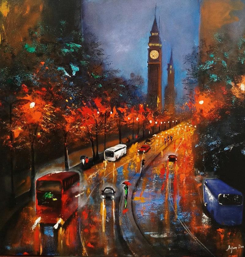 Cityscape artcontent titled 'Rainy Day In London 2', 24x24 inches, by artist Arjun Das on Canvas