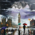 Cityscape acrylic painting titled 'Rainy Day In London', 30x24 inches, by artist Arjun Das on canvas