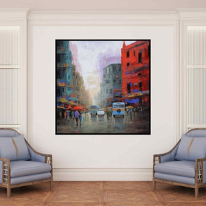 In-situ view of Purnendu Mandal's 'Rainy Day In Kolkata' painting in a room