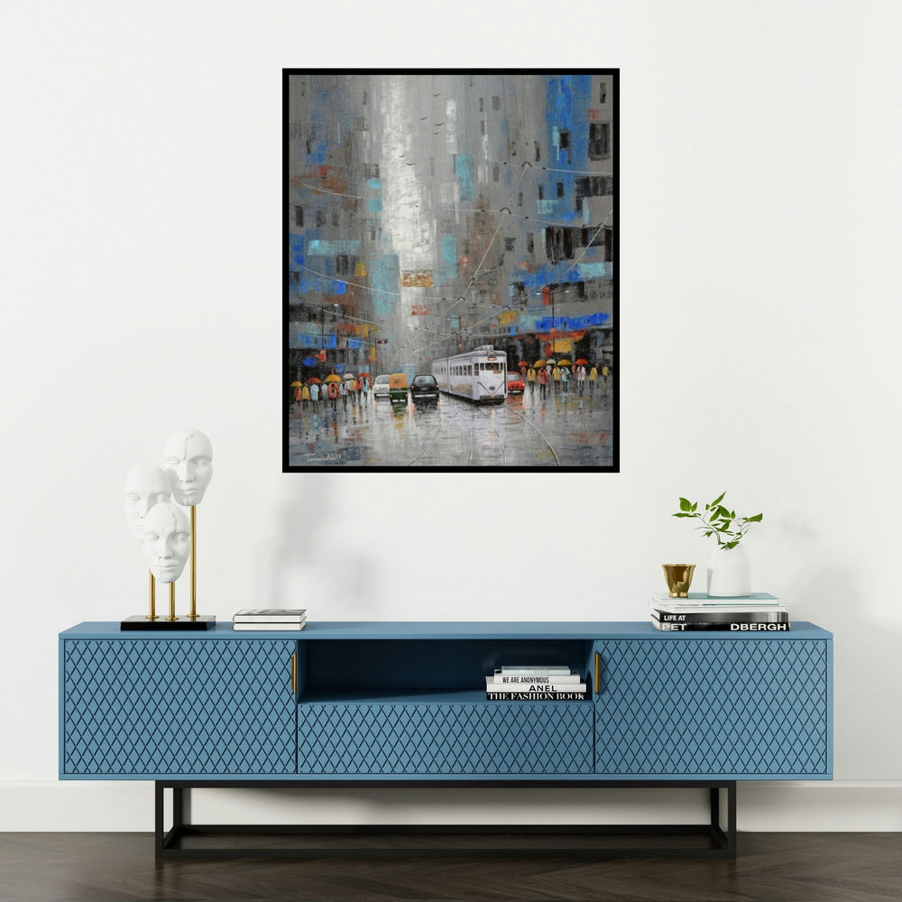 Purnendu Mandal's 'Rainy Day In Kolkata' painting visualized above a sofa in a contemporary room.