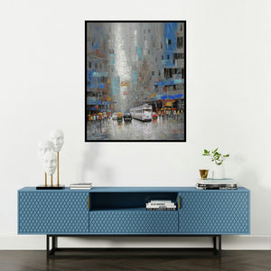 Purnendu Mandal's 'Rainy Day In Kolkata' painting visualized above a sofa in a contemporary room.