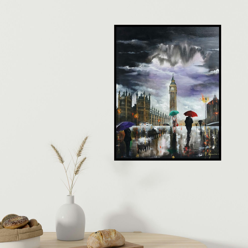 Arjun Das's 'Rainy Day In London (London in the Rain)' painting visualized above a sofa in a contemporary room.