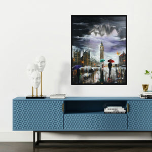 'Rainy Day In London (London in the Rain)' painting by Arjun Das shown on a wall in a furnished room.