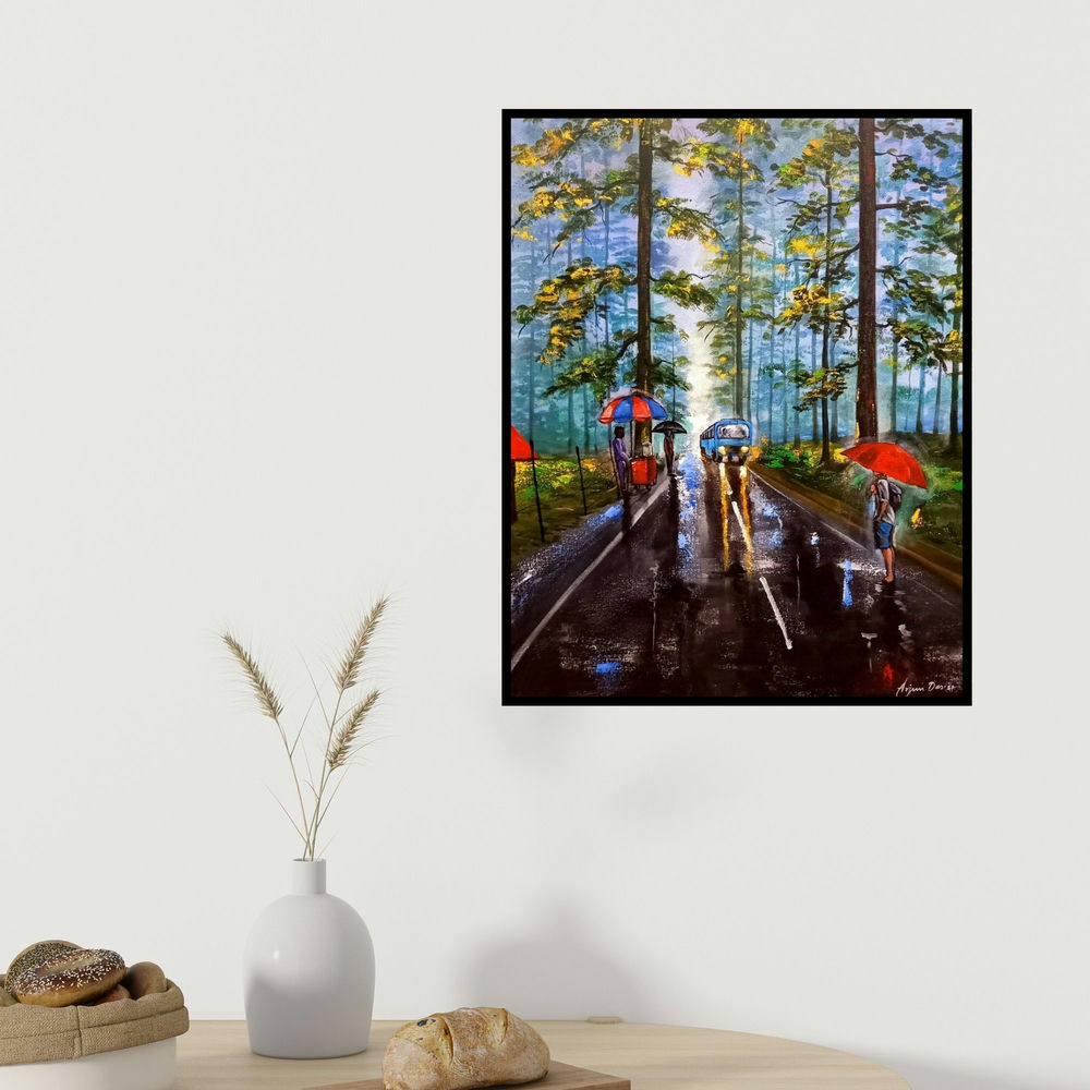 Arjun Das's 'Rainy Day In Uttrakhand' painting visualized above a sofa in a contemporary room.