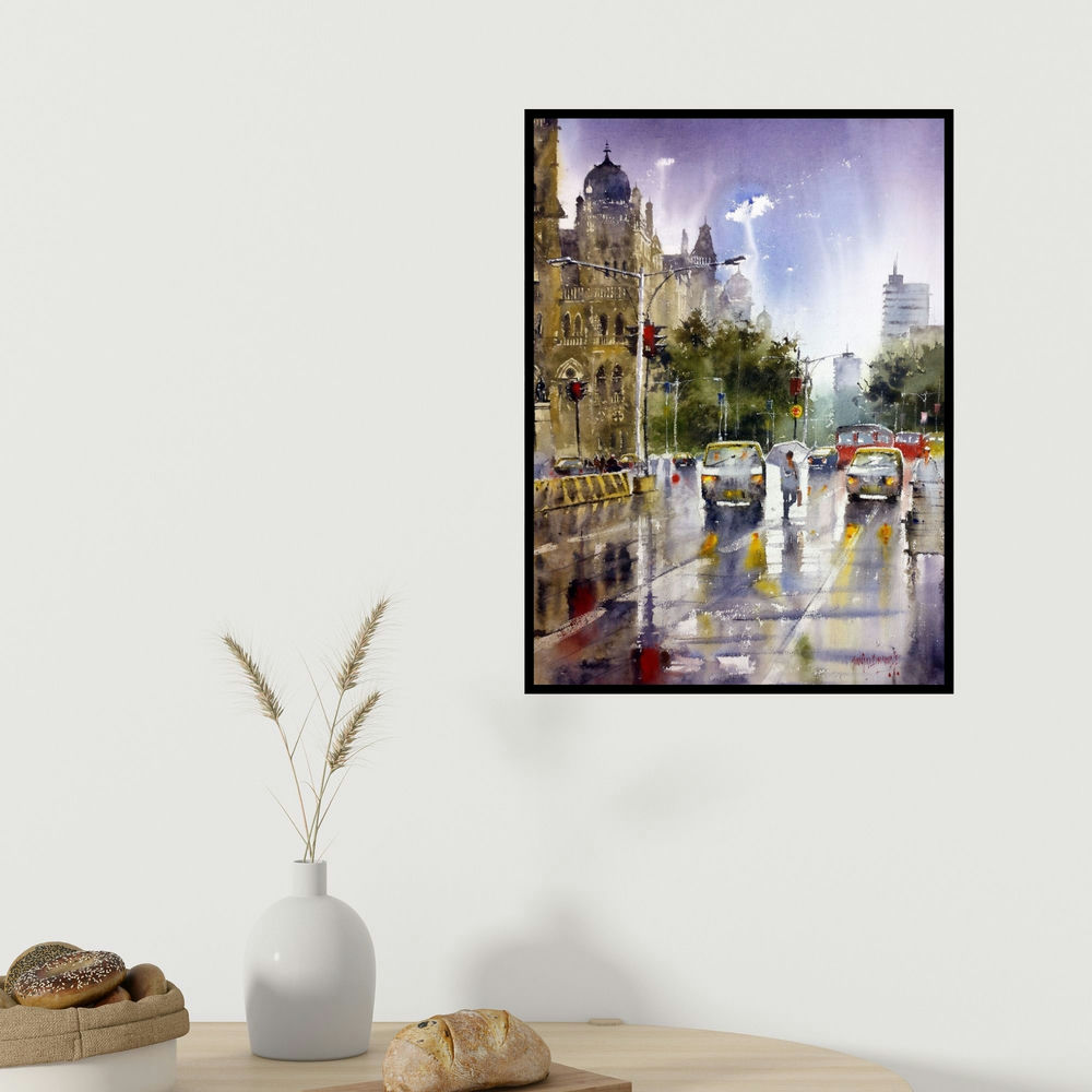 Sanjay Dhawale's 'Rainy Mumbai (Mumbai Monsoon)' painting visualized above a sofa in a contemporary room.