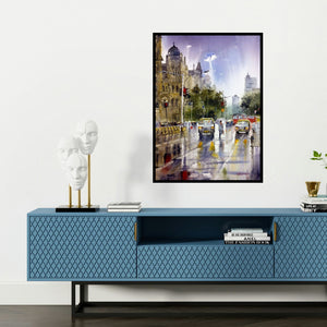 'Rainy Mumbai (Mumbai Monsoon)' painting by Sanjay Dhawale shown on a wall in a furnished room.