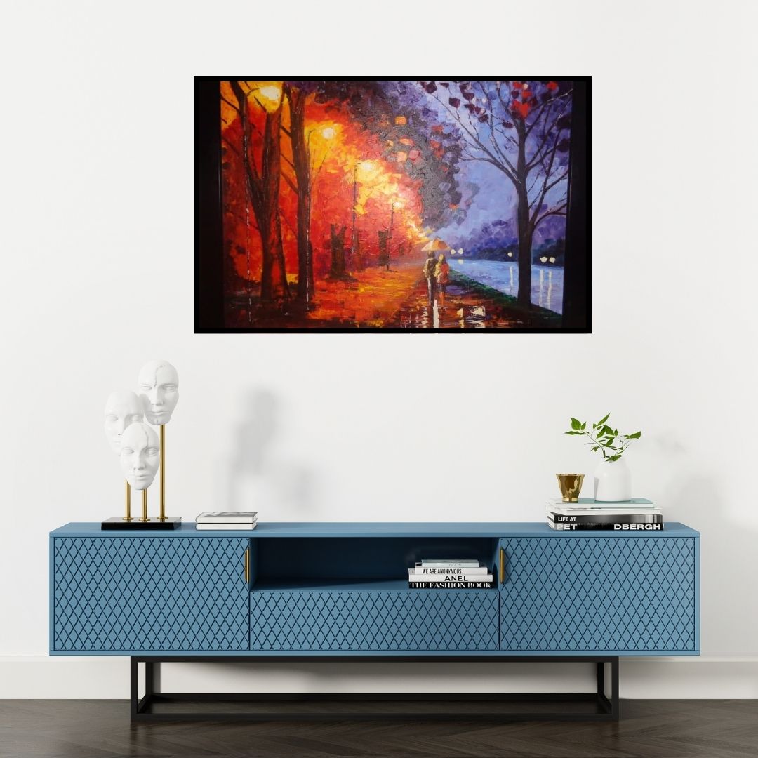 Preview of 'Rainy Night' Painting by Shikha Poddar shown on a wall in a furnished room.