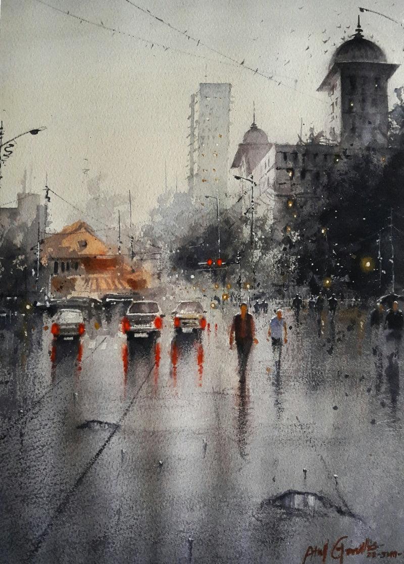 Cityscape watercolor painting titled 'Rainy Season 2', 15x11 inches, by artist Atul Gendle on Paper