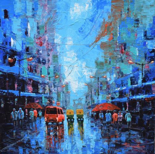 Rainy Street Painting by Purnendu Mandal | ArtZolo.com