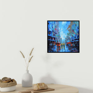 In-situ view of Purnendu Mandal's 'Rainy Street' painting in a room