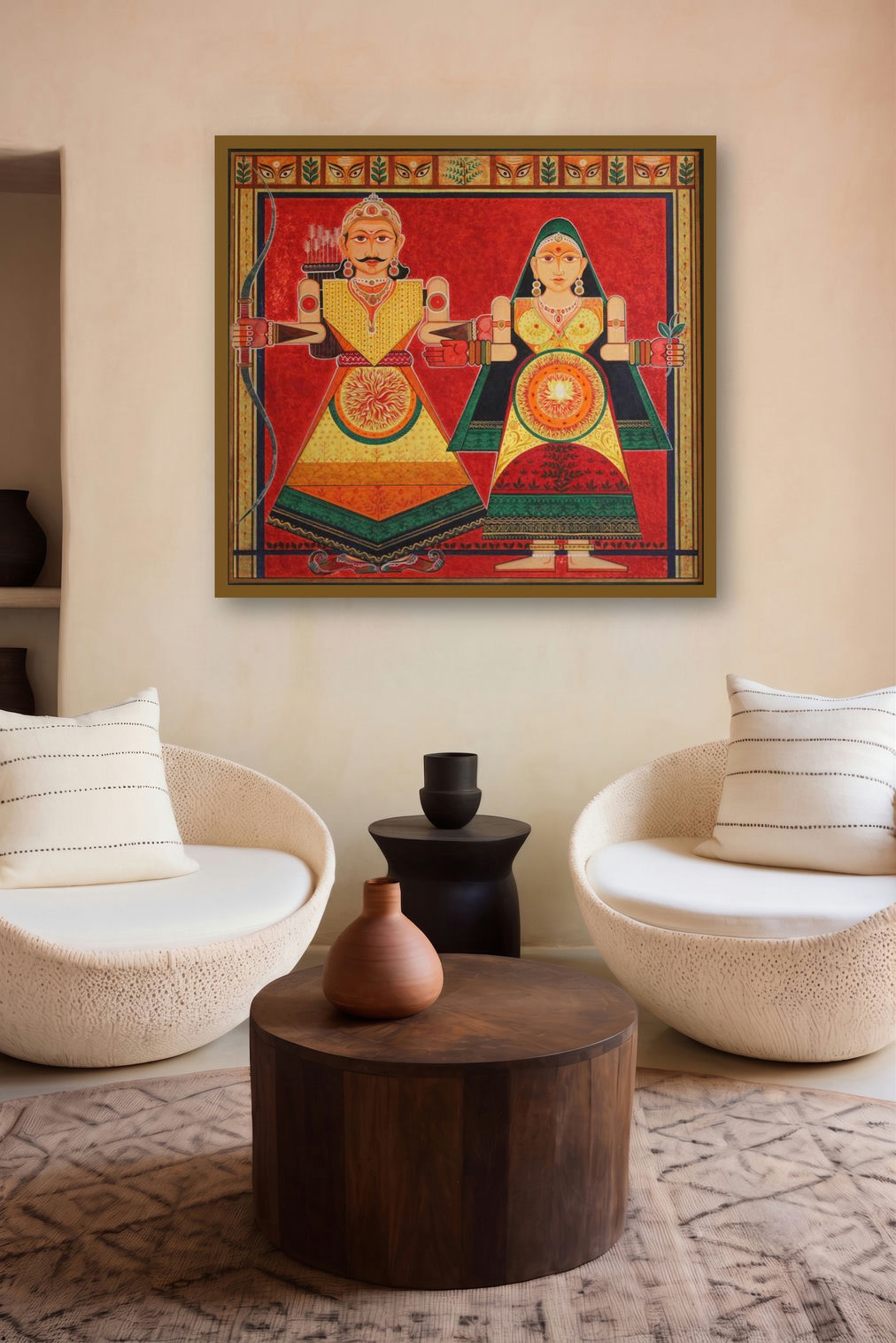 Raja Rani (Divine Union: Rama and Sita) by artist Satish Chavhan displayed in a Modern gallery