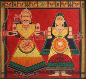 Raja Rani (Divine Union: Rama and Sita) by Satish Chavhan, Original Acrylic Figurative Painting on Canvas Board, Large Horizontal Wall Art