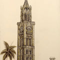 Cityscape ink drawing titled 'Rajabai Clock Tower Bombay University', 24x36 inches, by artist Aman A on Canvas