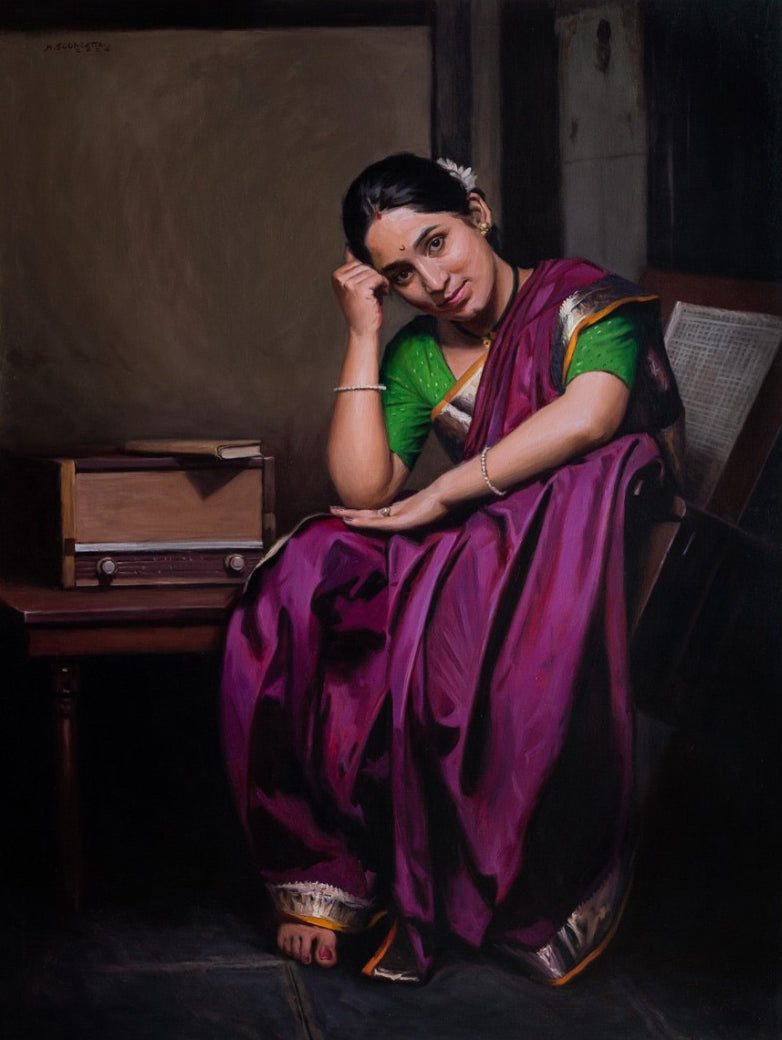 Rajanigandha' figurative oil painting by artist Mahesh Soundatte, 40x30 inch, on linen
