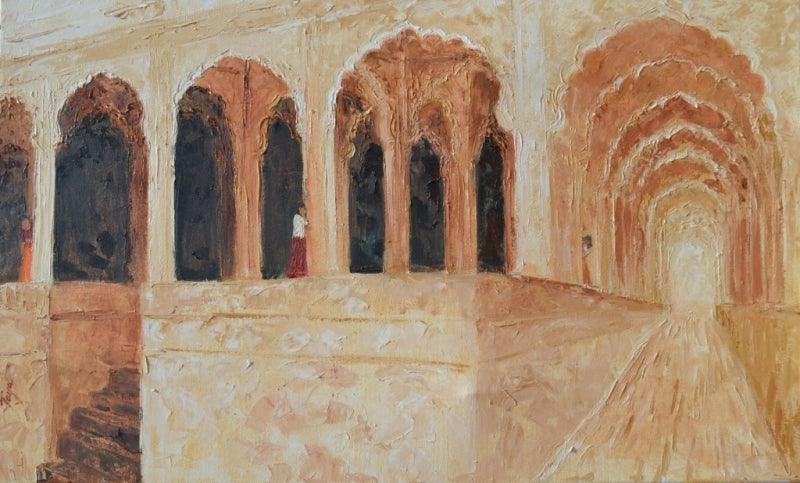 Cityscape oil painting titled 'Rajasthan Fort', 24x40 inches, by artist Jaya Javeri on Canvas