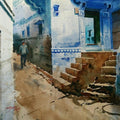 Cityscape watercolor painting titled 'Rajasthani Blue Home', 15x22 inches, by artist Abhijit Jadhav on Paper