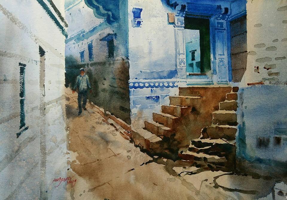 Cityscape watercolor painting titled 'Rajasthani Blue Home', 15x22 inches, by artist Abhijit Jadhav on Paper
