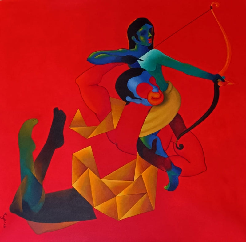 Ram And Hanuman' religious acrylic painting by artist Rajesh Shah, 45x45 inch, on canvas